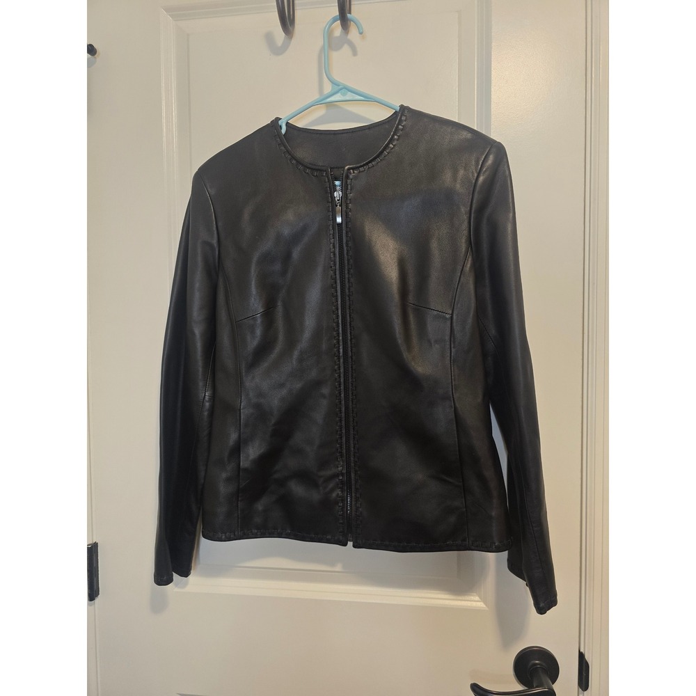 Vintage Preston & York Black Lambskin‎ Leather Jacket Collarless Zip Front M